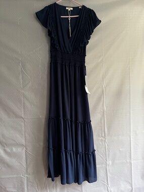 Max Studio Navy Ruffle-Sleeve Maxi Dress